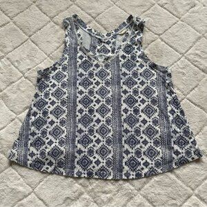 Lucky Brand | Blue and White Tribal Print Double V-neck Tank Top | Size Small
